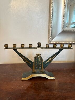 Vintage  Brass and Green Menorah - Elegant Hanukkah Centerpiece